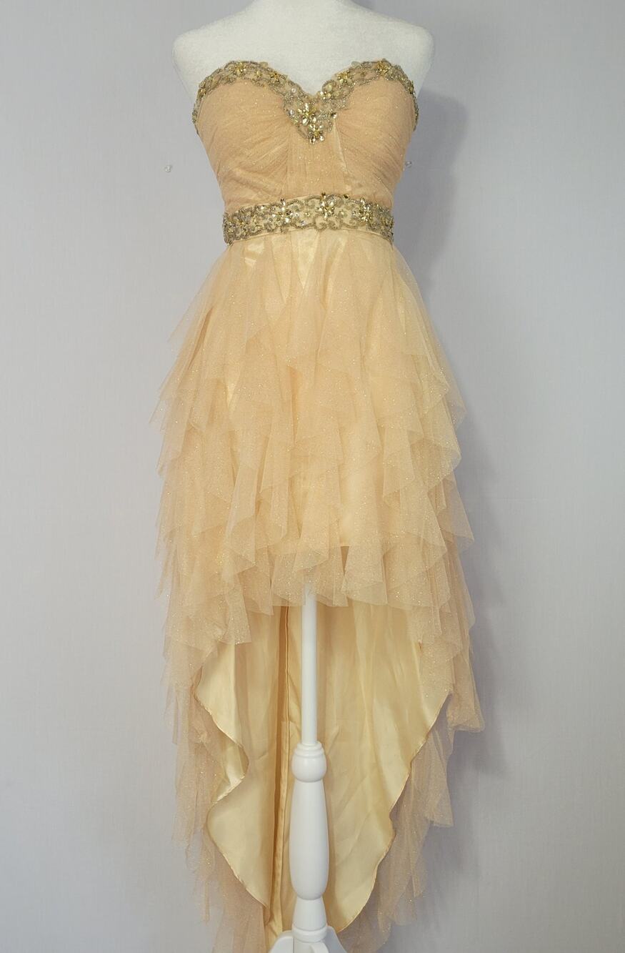Vintage Y2K Strapless Beaded Tiered Tulle High Low Dress sz 1/2 Fairy Whimsical
